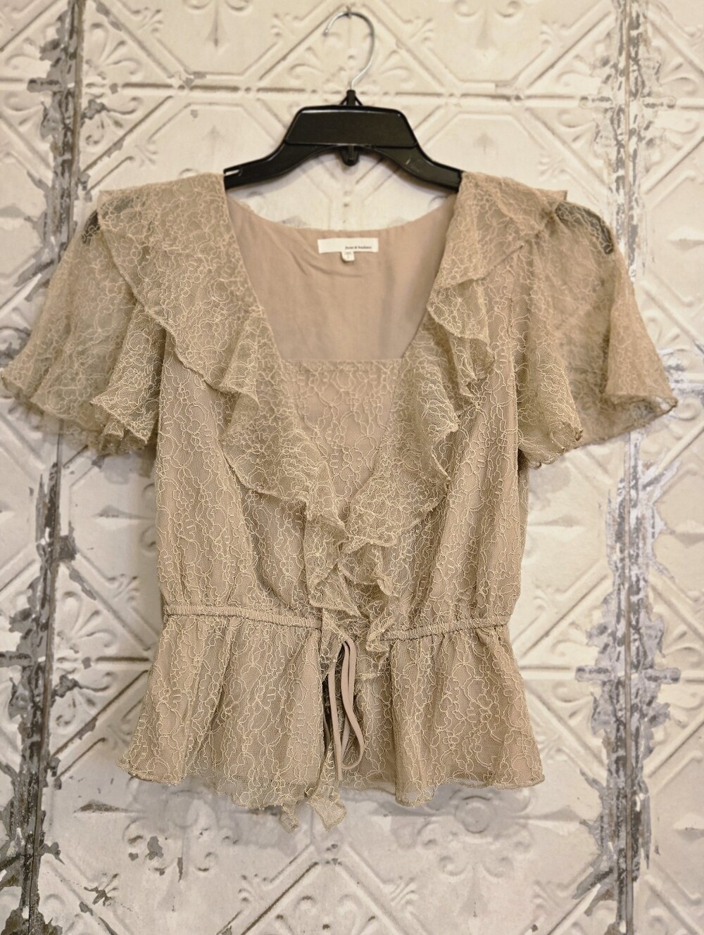 June & Hudson Ruffle Peplum Lace Top in Beige Size: 1/S Romantic, Coquette